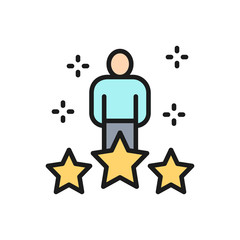 Vector human with big stars, worker rating, feedback flat color line icon.