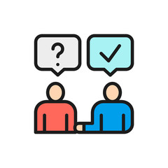 Vector man answers questions, communication, discussion flat color line icon.