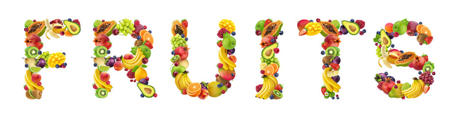 Word FRUITS made of different fruits and berries