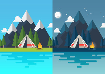 Camping tent with landscape at day and night