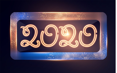 Happy New 2020 Year Winter Holiday Design Templat. Neon Sign. Magic Light Effect.