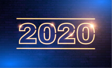 Happy New 2020 Year Winter Holiday Design Templat. Neon Sign. Magic Light Effect.