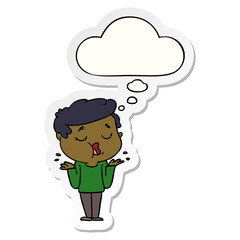 cartoon man talking and shrugging shoulders and thought bubble as a printed sticker