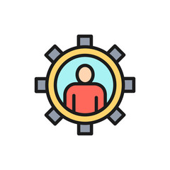 Vector man with gear, engineer, tech worker flat color line icon.