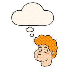 cartoon male face and thought bubble in comic book style