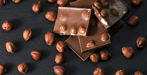 Chocolate pieces with mint leaves and nuts on black background