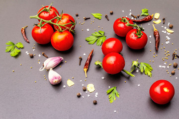 Cooking stone concrete background with spices, herbs, tomatoes