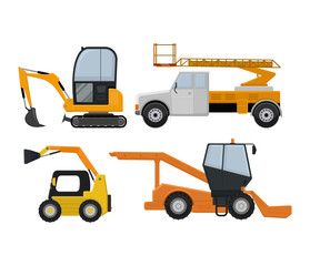 Road cleaning machine excavator tractor vector vehicle truck sweeper cleaner wash city streets illustration, vehicle van cat excavator bulldozer tractor lorry transportation isolated on background