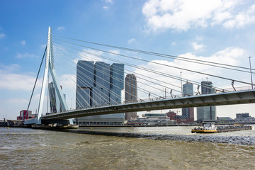 A cargo boat is just passing the erasmus bridge in Rotterdam