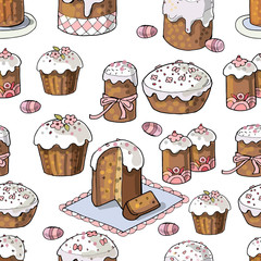 Seamless Easter picture background with Easter cakes on white background