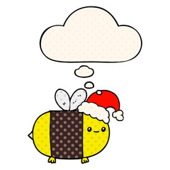 cartoon christmas bee and thought bubble in comic book style
