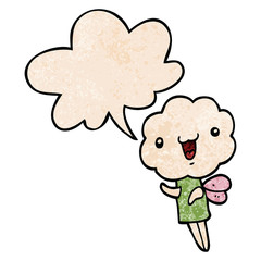 cute cartoon cloud head creature and speech bubble in retro texture style