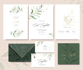 Set of card template with herbs, leaves.  Floral poster, invite. Vector decorative greeting card or invitation design background with watercolor