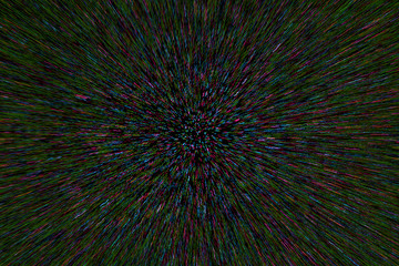 natural lens zoom explosion radial blurred cyan green purple dots on black background