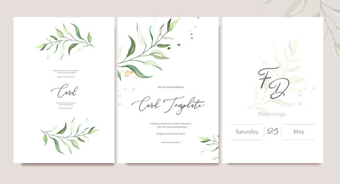 Set of card template with herbs, leaves.  Floral poster, invite. Vector decorative greeting card or invitation design background with watercolor