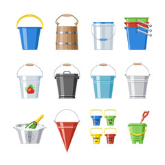 Bucket bucketful or wooden pailful and kids plastic pail for playing empty or with water bucketing down in garden and bitbucket for gardening set illustration isolated on white background