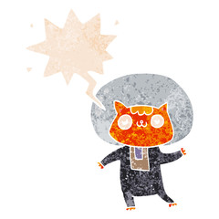 cartoon space cat and speech bubble in retro textured style