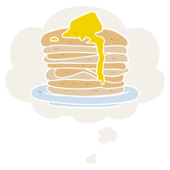 cartoon stack of pancakes and thought bubble in retro style