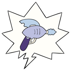 cartoon ray gun and speech bubble