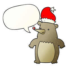 cartoon bear wearing christmas hat and speech bubble in smooth gradient style