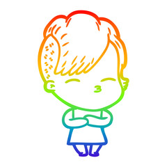 rainbow gradient line drawing cartoon squinting girl