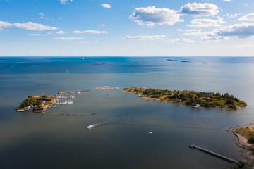 Helsinki. Finland. View of the island of Taiteilijatalo Harakka ry from the height of bird flight. In the frame of the island, yachts, ships