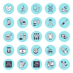 Medical equipment vector flat line icons. Health diagnostic - stethoscope, thermometer, microscope, diabetes test, mri scan, microbiology, prescription. Hospital research thin linear signs