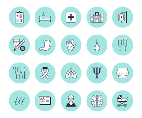 Hospital, medical flat line icons. Stomach breast cancer, insurance, chemotherapy, blood transfusion, shrink clinic building, surgical instruments. Health care thin linear signs