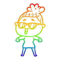 rainbow gradient line drawing cartoon happy woman wearing spectacles