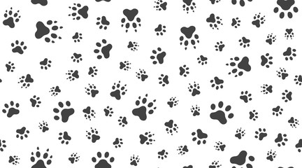 Animal tracks vector seamless pattern with flat icons. Black white color pet paw texture. Dog, cat footprint background, abstract foot print silhouette wallpaper for veterinary clinic - obrazy, fototapety, plakaty