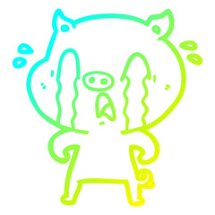 cold gradient line drawing crying pig cartoon