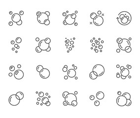 Naklejka premium Bubbles flat line icons set. Soap foam, fizzy drink, oxygen bubble pictogram, effervescent effect vector illustrations, outline signs. Pixel perfect 64x64. Editable Strokes