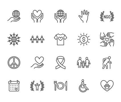Charity flat line icons set. Donation, nonprofit organization, NGO, giving help vector illustrations. Outline signs for donating money, volunteer community. Pixel perfect 64x64. Editable Strokes