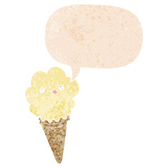 cartoon ice cream and speech bubble in retro textured style