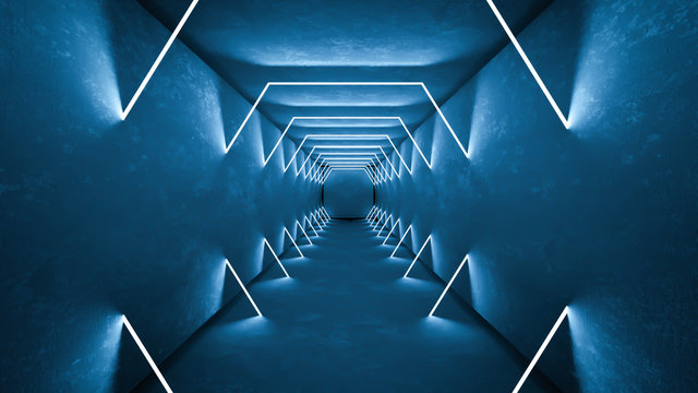 Night club interior lights 3d render for laser show. Glowing lines. Abstract fluorescent background. Neon room corridor background. Light abstract futuristic design. Modern geometric glow interior