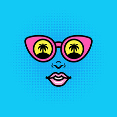 Positive pop art style girl or woman face in sunglasses