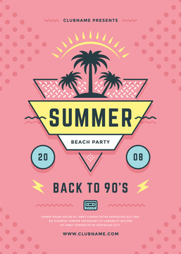 Summer Beach Party Flyer Or Poster Template 90s Typography Style Design.