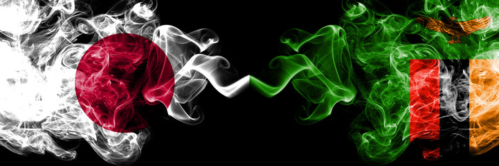 Japan vs Zambia, Zambian smoky mystic flags placed side by side. Thick colored silky smokes...