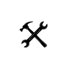 Black crossed carpenter hammer and spanner. Handyman, locksmith, joiner claw hammer tool and wrench for repair and maintenance.