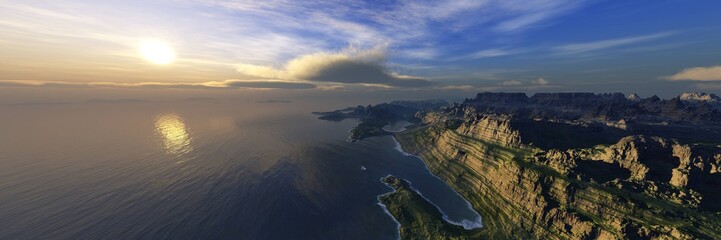 Fototapeta premium Beautiful sea bay at sunset, bay view from above, sunset over the lagoon, rocky bay at sunrise
