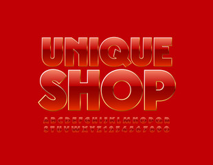 Vector premium logo Unique Shop. Red and Golden elite Font. Luxury Uppercase Alphabet Letters and Numbers