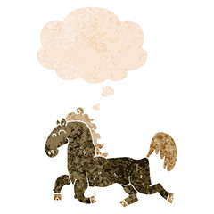 cartoon stallion and thought bubble in retro textured style