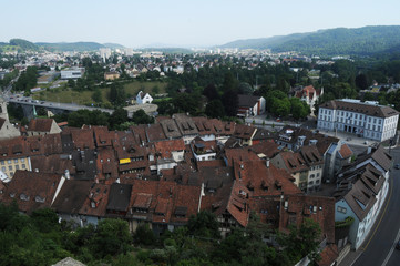 Fototapeta na wymiar Baden City: The view from the historic Chateau on top of the city to the old town in canton Aargau