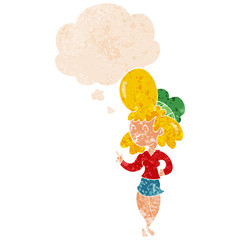 cartoon woman with big hair and thought bubble in retro textured style