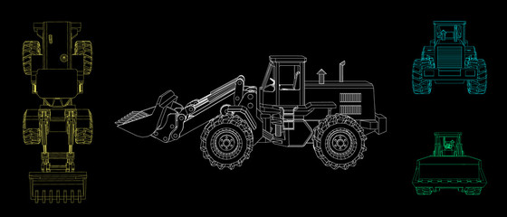 Bulldozer. Vector outline illustration. Different viewes.
