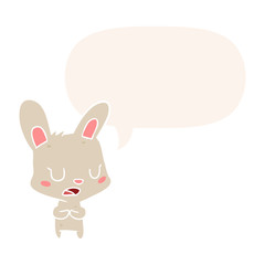 cartoon rabbit talking and speech bubble in retro style