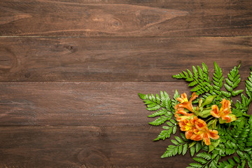 Orange flowers with leaves on wooden background