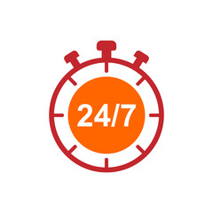 Service and support for customers around the clock and 24 hours a day and 7 days a week icon or symbol isolated on white background. Vector