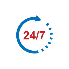 Service and support for customers around the clock and 24 hours a day and 7 days a week icon or symbol isolated on white background. Vector