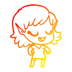 warm gradient line drawing happy cartoon elf girl